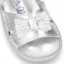 Metal finish leather sandals for little girls with BOW and EXTRA FLEXIBLE outsole.