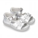 Metal finish leather sandals for little girls with BOW and EXTRA FLEXIBLE outsole.