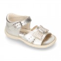 Metal finish leather sandals for little girls with BOW and EXTRA FLEXIBLE outsole.