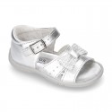 Metal finish leather sandals for little girls with BOW and EXTRA FLEXIBLE outsole.