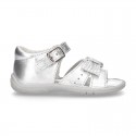 Metal finish leather sandals for little girls with BOW and EXTRA FLEXIBLE outsole.