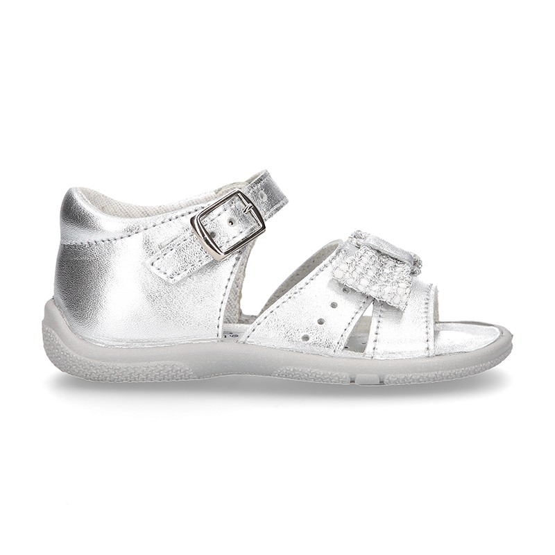 Metal finish leather sandals for little girls with BOW and EXTRA ...