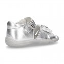 Metal finish leather sandals for little girls with BOW and EXTRA FLEXIBLE outsole.