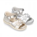 Metal finish leather sandals for little girls with BOW and EXTRA FLEXIBLE outsole.