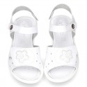 Washable leather sandals with front FLOWER velcro strap and SUPER FLEXIBLE outsole.