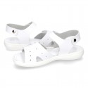 Washable leather sandals with front FLOWER velcro strap and SUPER FLEXIBLE outsole.