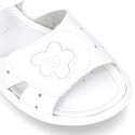 Washable leather sandals with front FLOWER velcro strap and SUPER FLEXIBLE outsole.