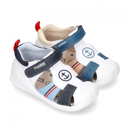 New Washable leather Sandal shoes with ANCHOR and velcro strap with reinforced toe cap and counter for first steps.