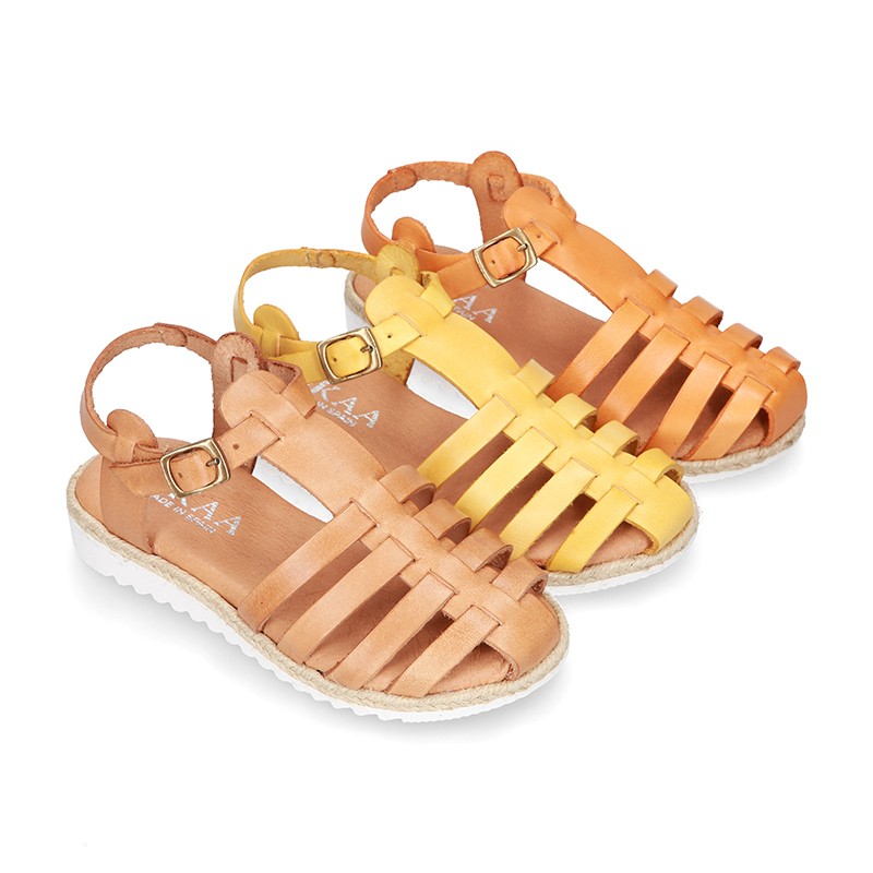 Cowhide leather sandal shoes caged type design with white soles. MG056 OkaaSpain