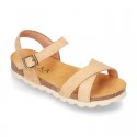 New Suede leather sandal shoes BIO style to dress with crossed straps and buckle fastening.