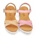 New Suede leather sandal shoes BIO style to dress with crossed straps and buckle fastening.