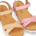 New Suede leather sandal shoes BIO style to dress with crossed straps and buckle fastening.