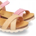 New Suede leather sandal shoes BIO style to dress with crossed straps and buckle fastening.