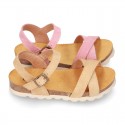 New Suede leather sandal shoes BIO style to dress with crossed straps and buckle fastening.