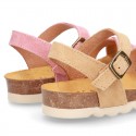 New Suede leather sandal shoes BIO style to dress with crossed straps and buckle fastening.