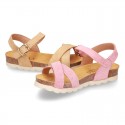 New Suede leather sandal shoes BIO style to dress with crossed straps and buckle fastening.