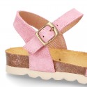 New Suede leather sandal shoes BIO style to dress with crossed straps and buckle fastening.