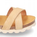 New Suede leather sandal shoes BIO style to dress with crossed straps and buckle fastening.