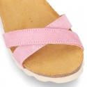 New Suede leather sandal shoes BIO style to dress with crossed straps and buckle fastening.