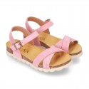 New Suede leather sandal shoes BIO style to dress with crossed straps and buckle fastening.