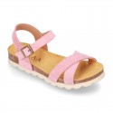 New Suede leather sandal shoes BIO style to dress with crossed straps and buckle fastening.