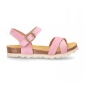 New Suede leather sandal shoes BIO style to dress with crossed straps and buckle fastening.