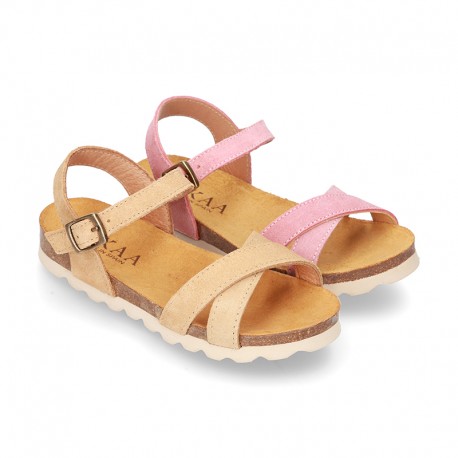 New Suede leather sandal shoes BIO style to dress with crossed straps and buckle fastening.