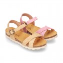 New Suede leather sandal shoes BIO style to dress with crossed straps and buckle fastening.