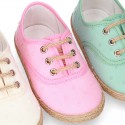 PLUMETI COTTON canvas little laces-up shoes espadrille style in pastel colors for kids.