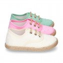 PLUMETI COTTON canvas little laces-up shoes espadrille style in pastel colors for kids.