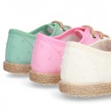 PLUMETI COTTON canvas little laces-up shoes espadrille style in pastel colors for kids.