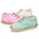 PLUMETI COTTON canvas little laces-up shoes espadrille style in pastel colors for kids.