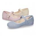 New LINEN canvas Stylized Mary Jane shoes with buckle fastening.