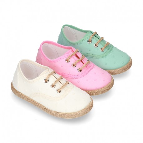 PLUMETI COTTON canvas little laces-up shoes espadrille style in pastel colors for kids.