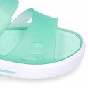 Jelly shoes sandal style with velcro strap and tenis sole design.