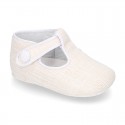 LINEN canvas Little T-Strap shoes with velcro strap and button for babies.