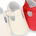 LINEN canvas Little T-Strap shoes with velcro strap and button for babies.