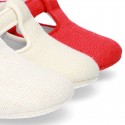 LINEN canvas Little T-Strap shoes with velcro strap and button for babies.