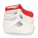 LINEN canvas Little T-Strap shoes with velcro strap and button for babies.