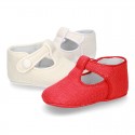 LINEN canvas Little T-Strap shoes with velcro strap and button for babies.