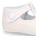 LINEN canvas Little T-Strap shoes with velcro strap and button for babies.