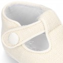 LINEN canvas Little T-Strap shoes with velcro strap and button for babies.