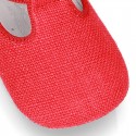 LINEN canvas Little T-Strap shoes with velcro strap and button for babies.