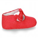 LINEN canvas Little T-Strap shoes with velcro strap and button for babies.