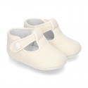 LINEN canvas Little T-Strap shoes with velcro strap and button for babies.