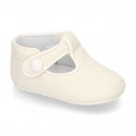 LINEN canvas Little T-Strap shoes with velcro strap and button for babies.