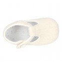 LINEN canvas Little T-Strap shoes with velcro strap and button for babies.