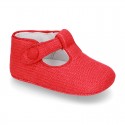 LINEN canvas Little T-Strap shoes with velcro strap and button for babies.