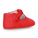 LINEN canvas Little T-Strap shoes with velcro strap and button for babies.