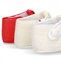 LINEN canvas Little T-Strap shoes with velcro strap and button for babies.